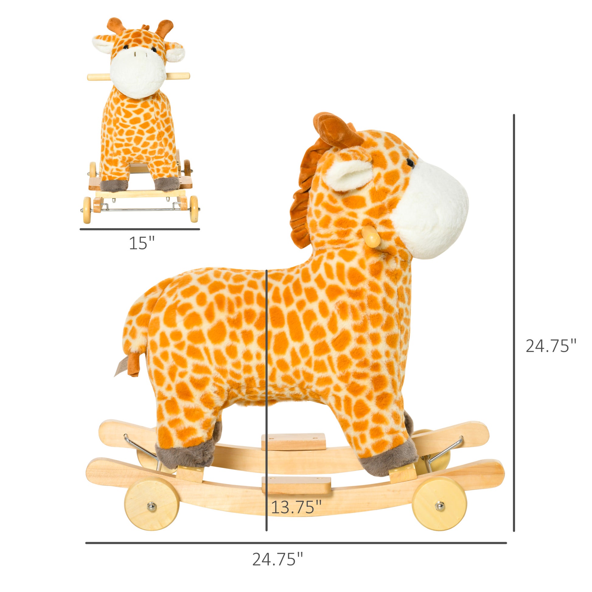 2 In 1 Kids Plush Ride On Rocking Horse Toy, Giraffe Shaped Plush Rocker With Realistic Sounds For Children 3 To 6 Years, Yellow Yellow Wood