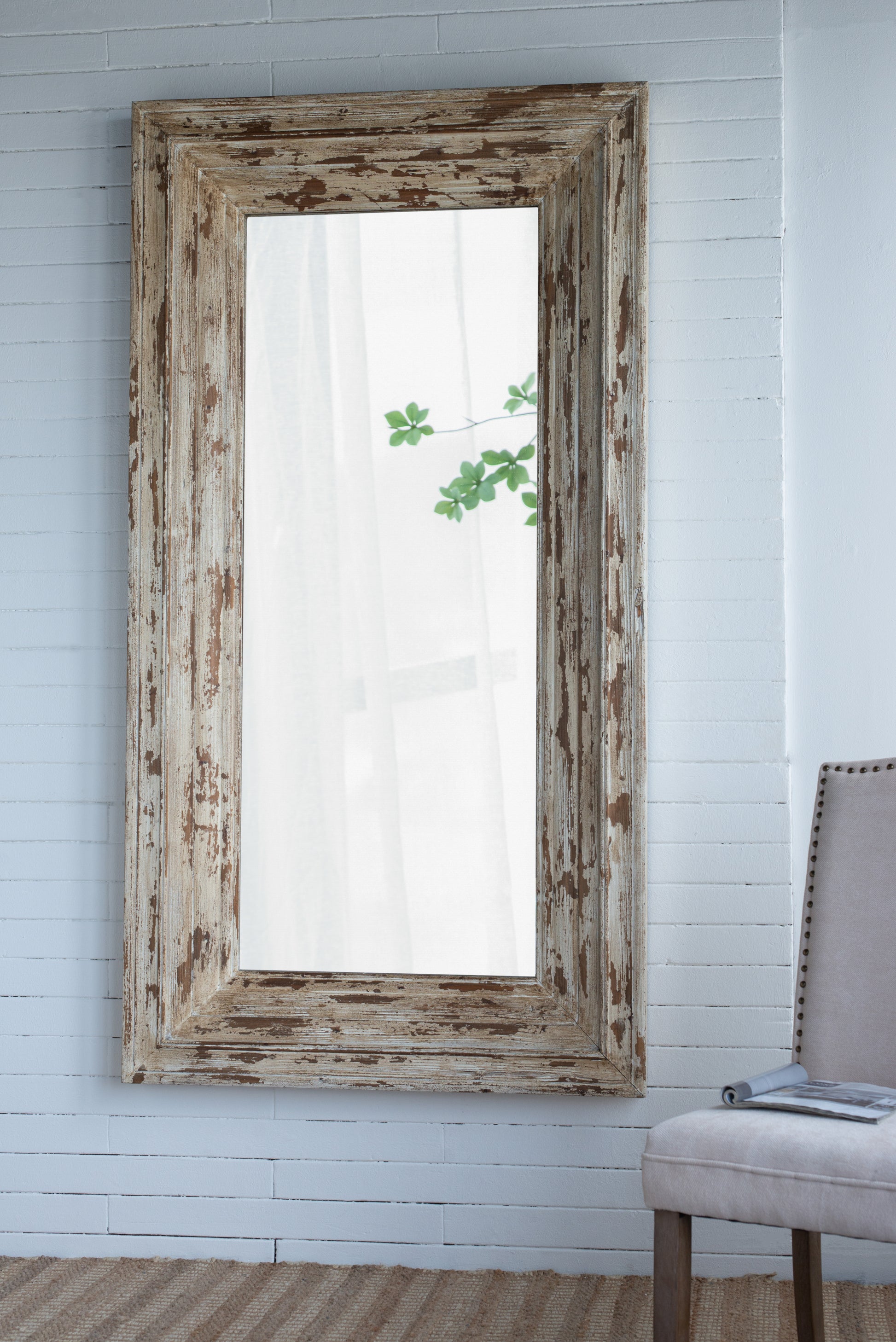 39X3.5X75" Full Length Rectangle Floor Mirror With Distressed Wood Frame Brown Wood