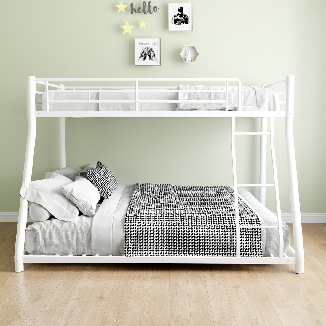 Metal Bunk Bed Twin Over Full Size With Removable Stairs, Heavy Duty Sturdy Frame With 12" Under Bed Storage For Teen & Adults, Teens, No Box Spring Needed, White Full White Metal Metal