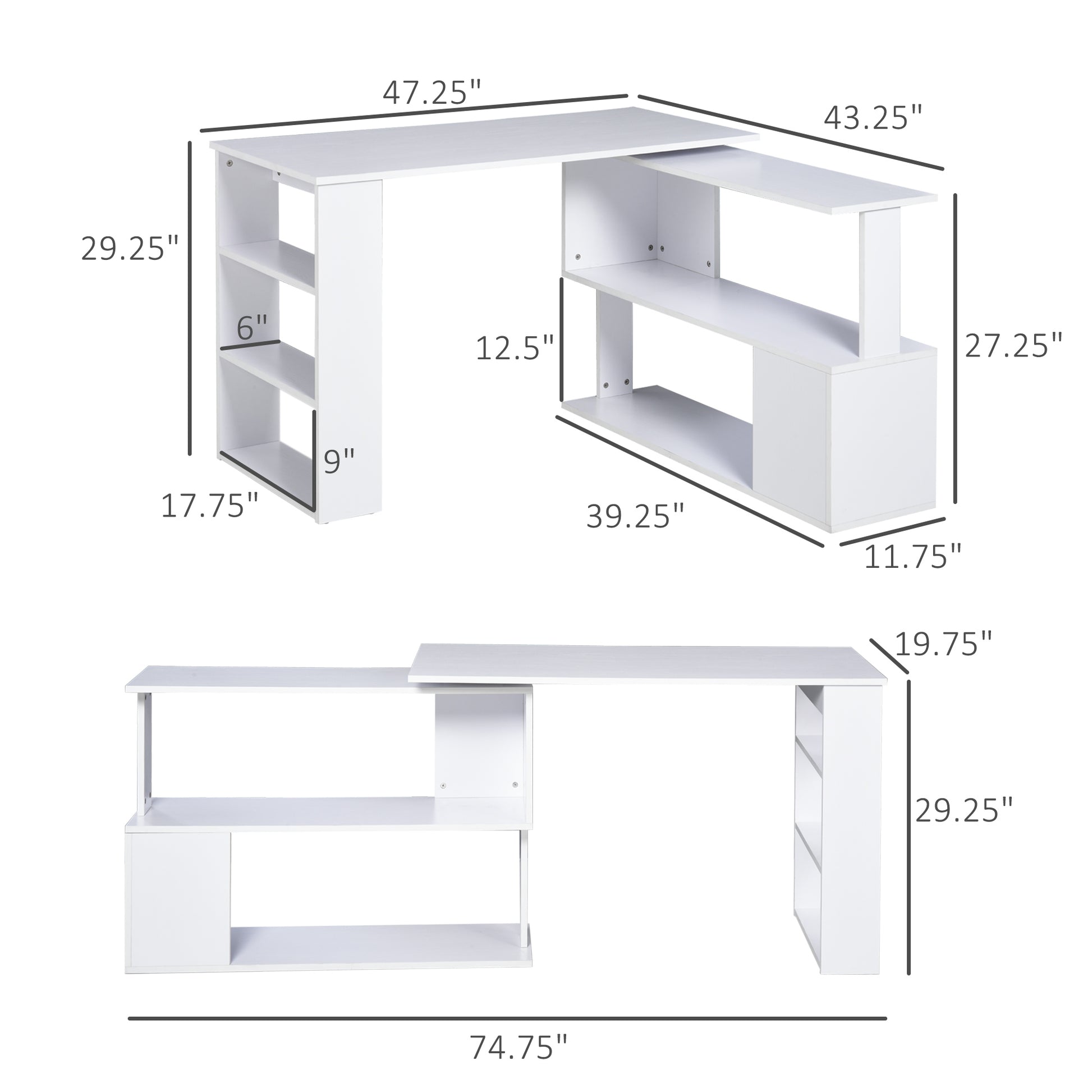 L Shaped Corner Desk, 360 Degree Rotating Home Office Desk With Storage Shelves, Writing Table Workstation, White White Particle Board