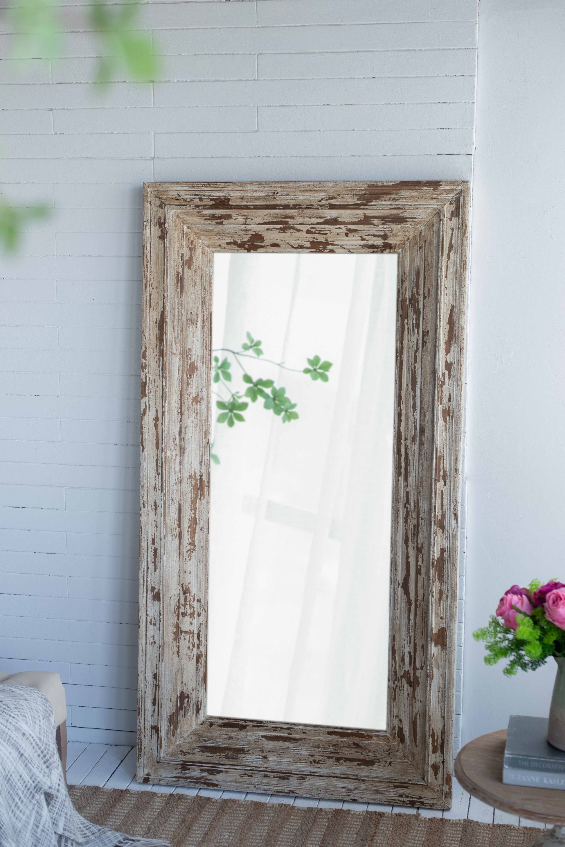 39X3.5X75" Full Length Rectangle Floor Mirror With Distressed Wood Frame Brown Wood