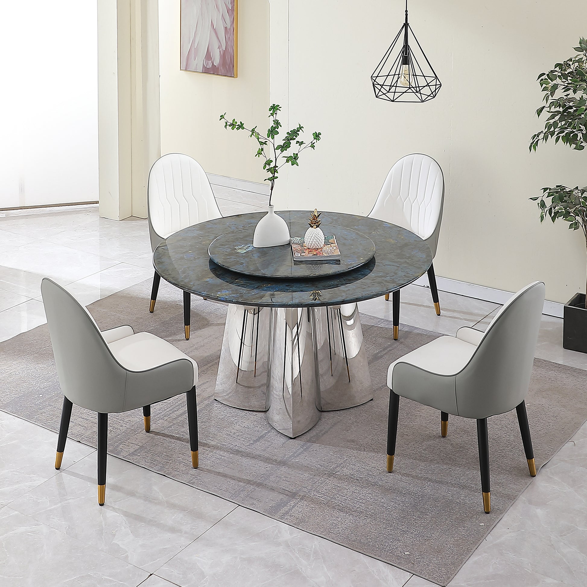 53.3"Modern Sintered Stone Dining Table With 31.5" Round Turntable And Metal Exquisite Pedestal Frosty Green Sintered Stone