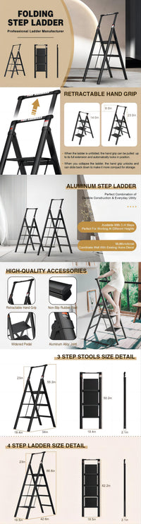 4 Step Ladder, Retractable Handgrip Folding Step Stool With Anti Slip Wide Pedal, Aluminum Step Ladders 4 Steps, 300Lbs Safety Household Ladder Black Aluminium