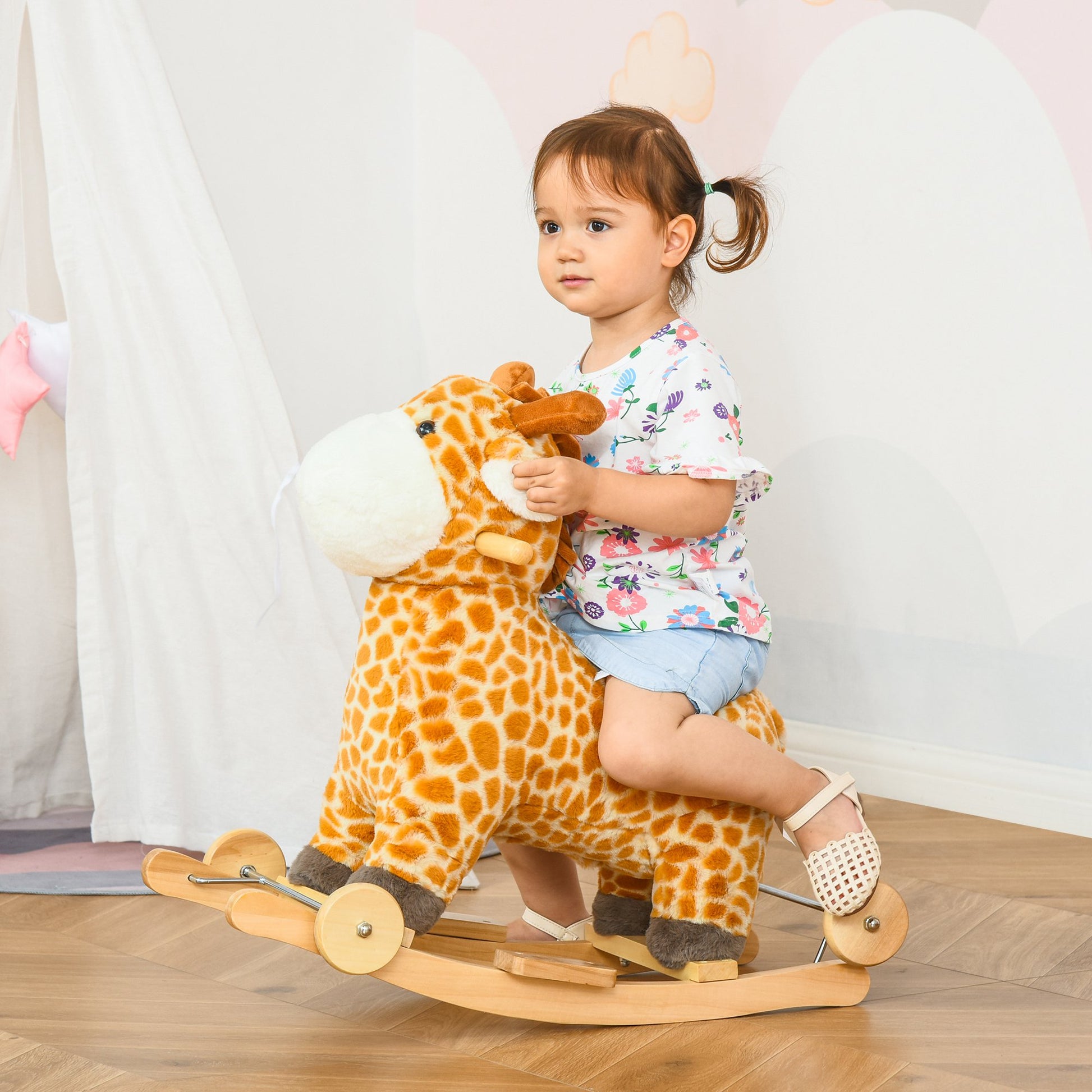 2 In 1 Kids Plush Ride On Rocking Horse Toy, Giraffe Shaped Plush Rocker With Realistic Sounds For Children 3 To 6 Years, Yellow Yellow Wood