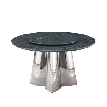 53.3"Modern Sintered Stone Dining Table With 31.5" Round Turntable And Metal Exquisite Pedestal Frosty Green Sintered Stone