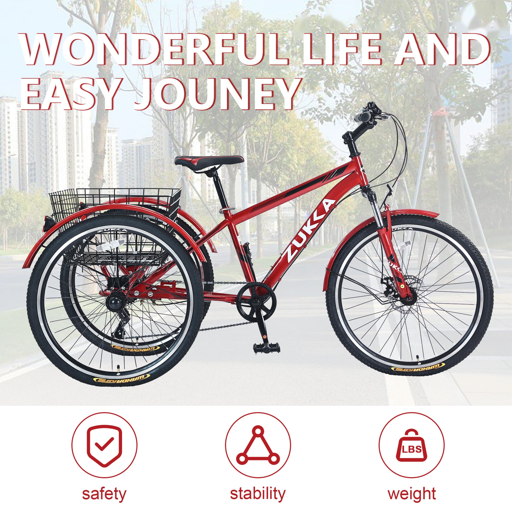 Adult Tricycle Bike,7 Speed Mountain Tricycle,26 Inch 3 Wheels,Comfortable Widen Saddle,Rear Integrated Shopping Basket Red Steel