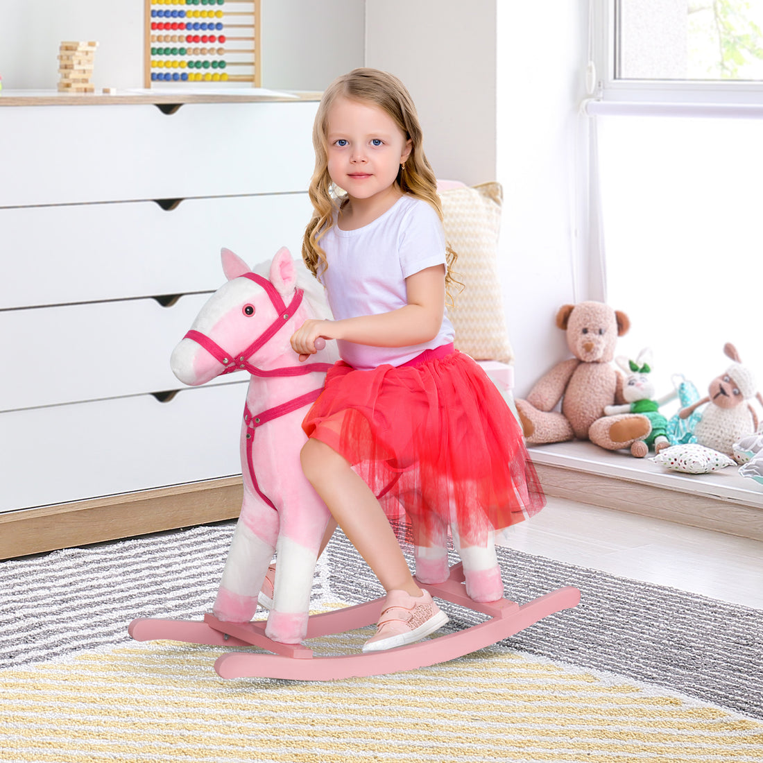 Kids Plush Toy Rocking Horse Pony Toddler Ride On Animal For Girls Pink Birthday Gifts With Realistic Sounds, Pink Pink Wood