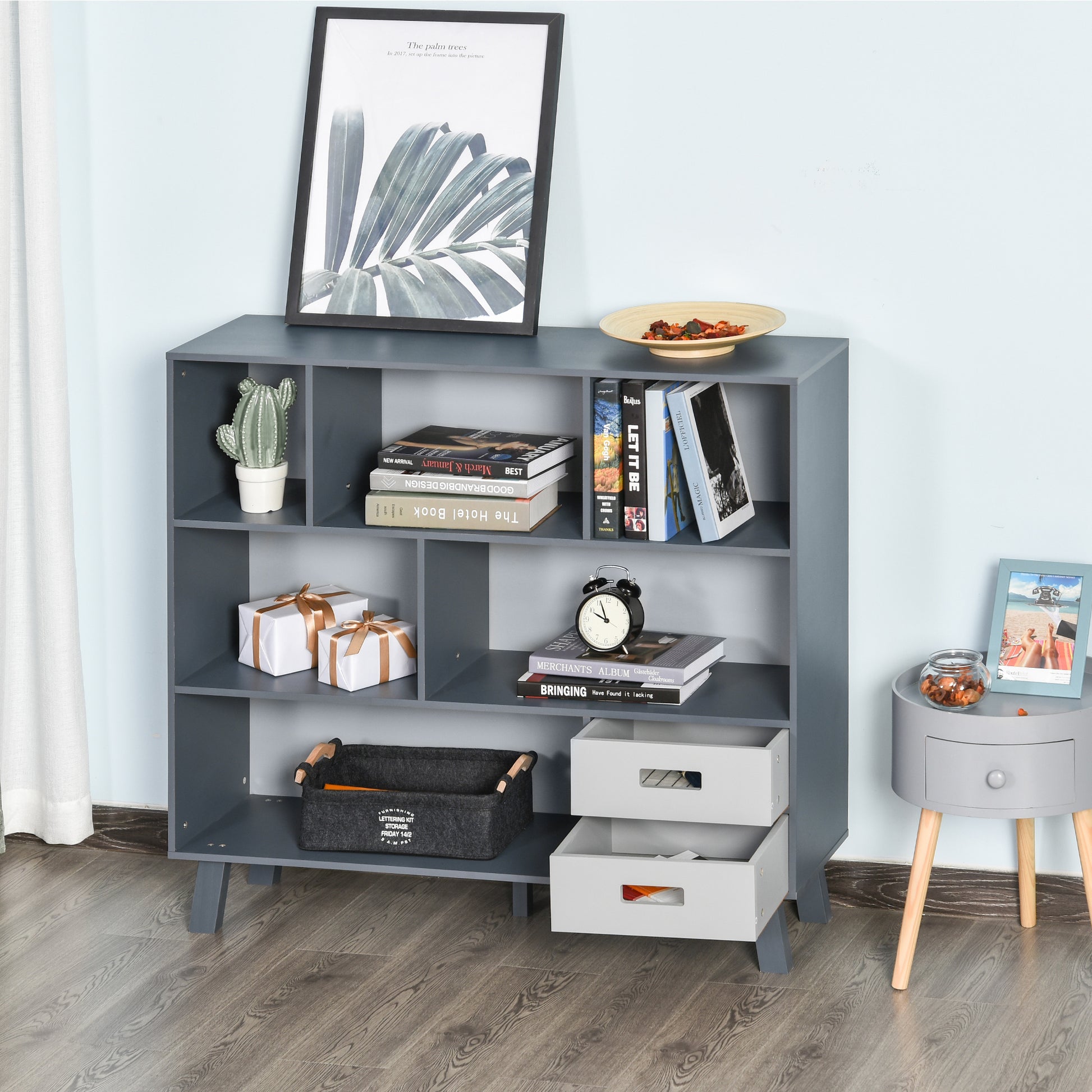 3 Tier Child Bookcase Open Shelves Cabinet Floor Standing Cube Storage Organizer With Drawers Grey Gray Mdf