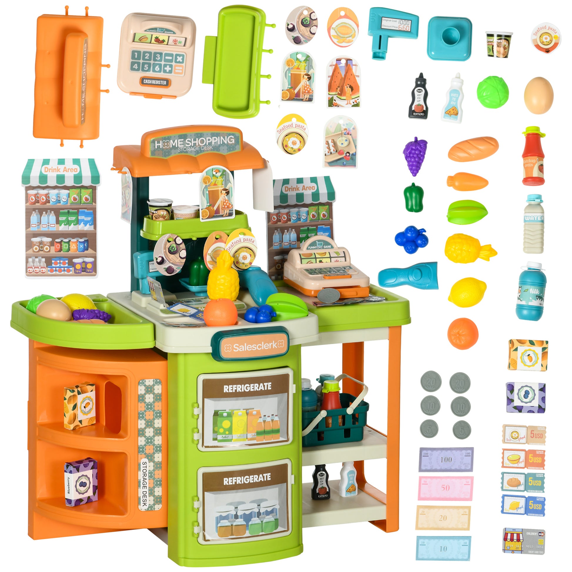 58Pcs Grocery Store Pretend Play Kids Trolley With Cash Register Stand, Foldable Play Store For Kids With Scanner, Play Food Vegetable, Extra Storage For Boys And Girls Ages 3 6 Years Old Multicolor Polypropylene