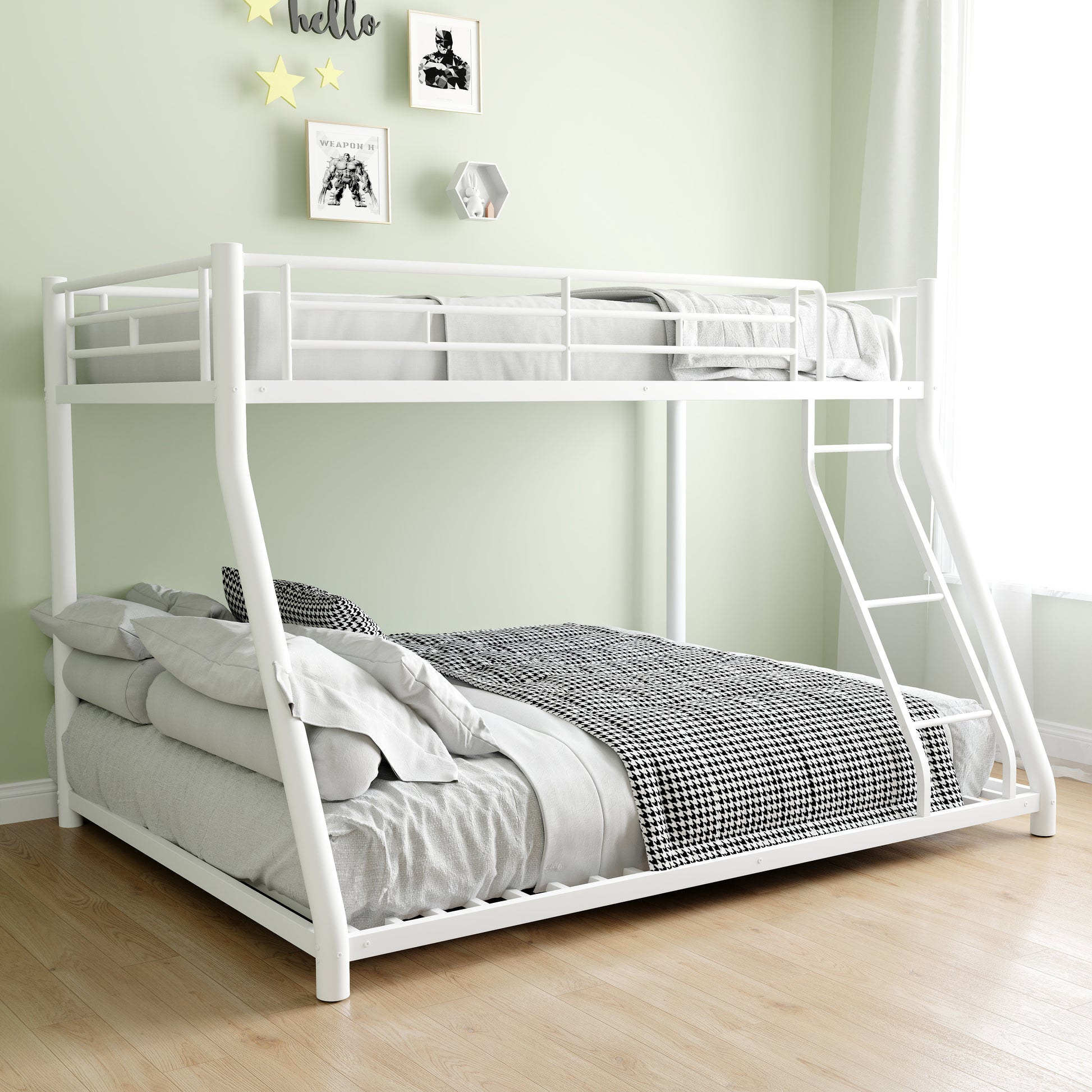 Metal Bunk Bed Twin Over Full Size With Removable Stairs, Heavy Duty Sturdy Frame With 12" Under Bed Storage For Teen & Adults, Teens, No Box Spring Needed, White Full White Metal Metal