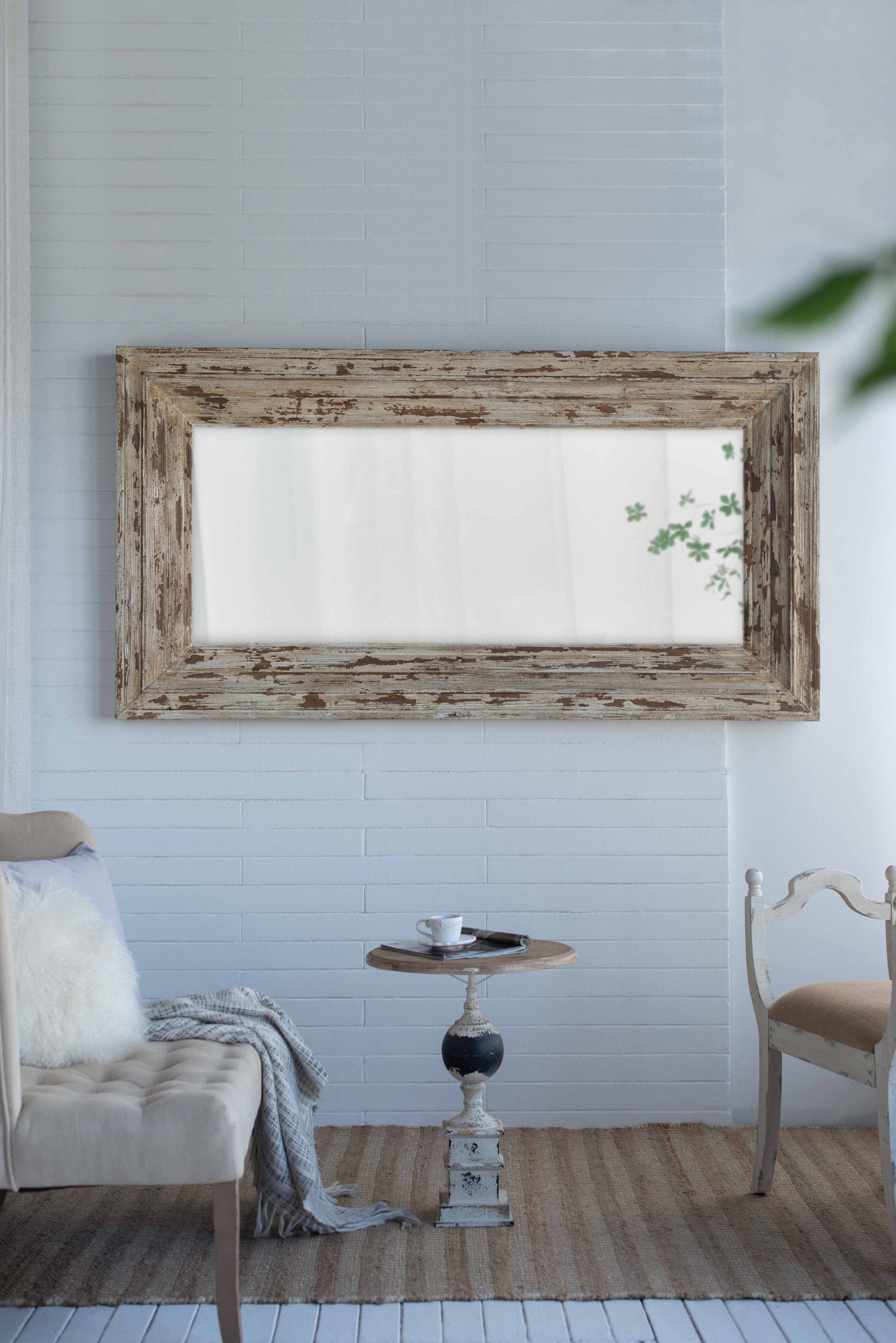39X3.5X75" Full Length Rectangle Floor Mirror With Distressed Wood Frame Brown Wood