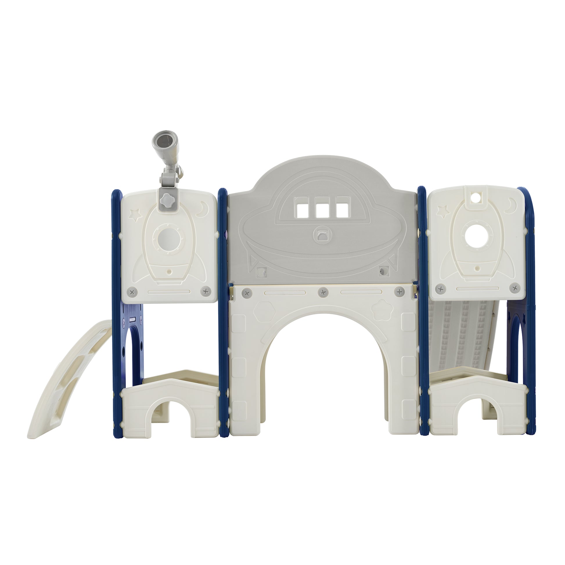 Kids Slide Playset Structure 9 In 1, Freestanding Space Set With Slide, Arch Tunnel, Ring Toss, Drawing Whiteboardl And Basketball Hoop For Toddlers, Kids Climbers Playground Blue Grey Hdpe Indoor & Outdoor Use