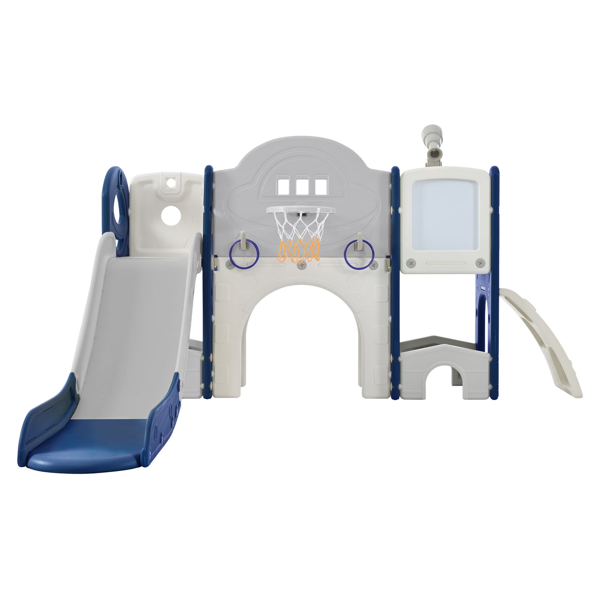 Kids Slide Playset Structure 9 In 1, Freestanding Space Set With Slide, Arch Tunnel, Ring Toss, Drawing Whiteboardl And Basketball Hoop For Toddlers, Kids Climbers Playground Blue Grey Hdpe Indoor & Outdoor Use