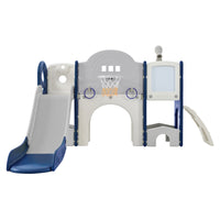 Kids Slide Playset Structure 9 In 1, Freestanding Space Set With Slide, Arch Tunnel, Ring Toss, Drawing Whiteboardl And Basketball Hoop For Toddlers, Kids Climbers Playground Blue Grey Hdpe Indoor & Outdoor Use