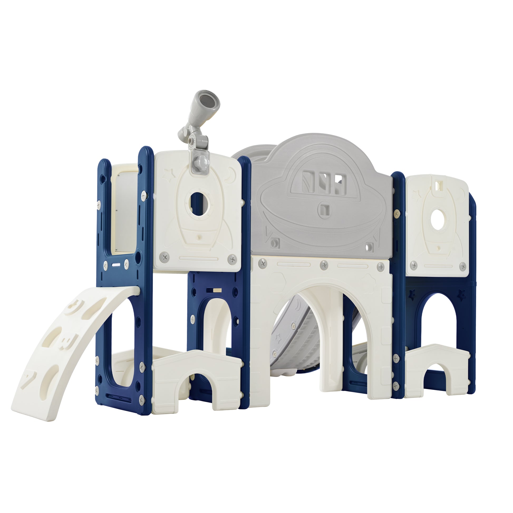 Kids Slide Playset Structure 9 In 1, Freestanding Space Set With Slide, Arch Tunnel, Ring Toss, Drawing Whiteboardl And Basketball Hoop For Toddlers, Kids Climbers Playground Blue Grey Hdpe Indoor & Outdoor Use