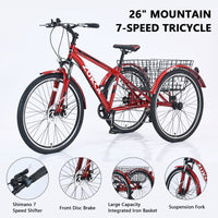 Adult Tricycle Bike,7 Speed Mountain Tricycle,26 Inch 3 Wheels,Comfortable Widen Saddle,Rear Integrated Shopping Basket Red Steel