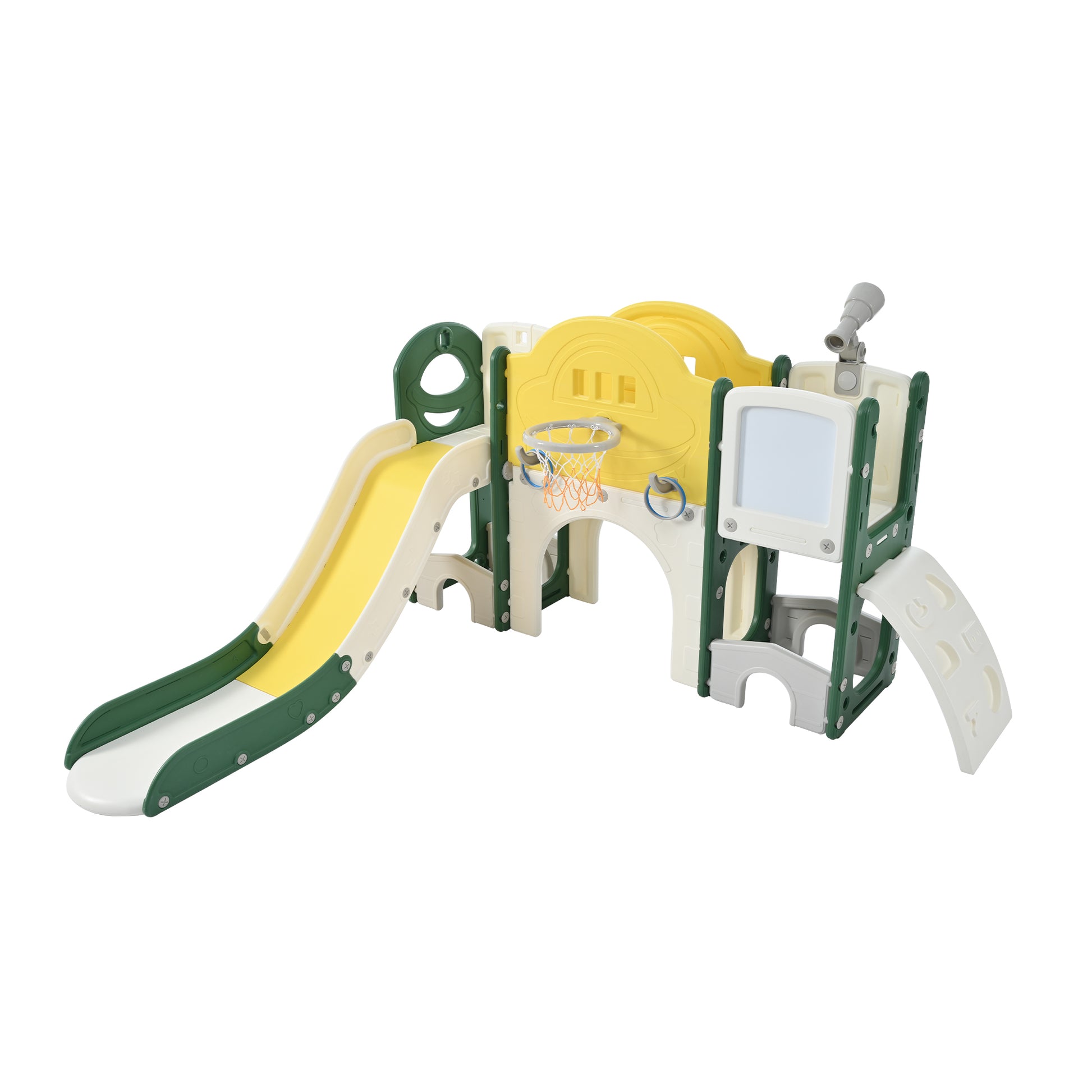 Kids Slide Playset Structure 9 In 1, Freestanding Space Set With Slide, Arch Tunnel, Ring Toss, Drawing Whiteboardl And Basketball Hoop For Toddlers, Kids Climbers Playground Yellow Hdpe Indoor & Outdoor Use