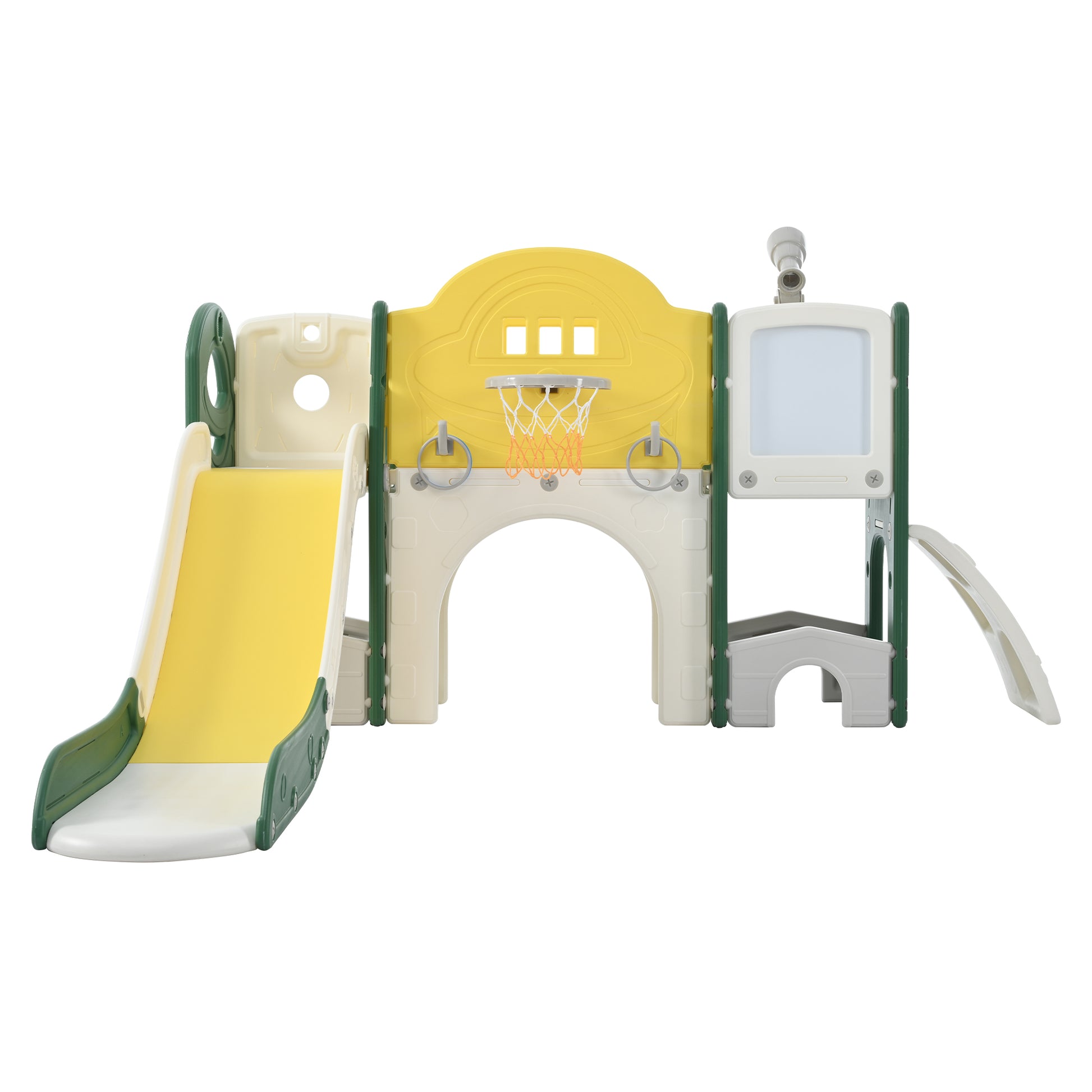 Kids Slide Playset Structure 9 In 1, Freestanding Space Set With Slide, Arch Tunnel, Ring Toss, Drawing Whiteboardl And Basketball Hoop For Toddlers, Kids Climbers Playground Yellow Hdpe Indoor & Outdoor Use