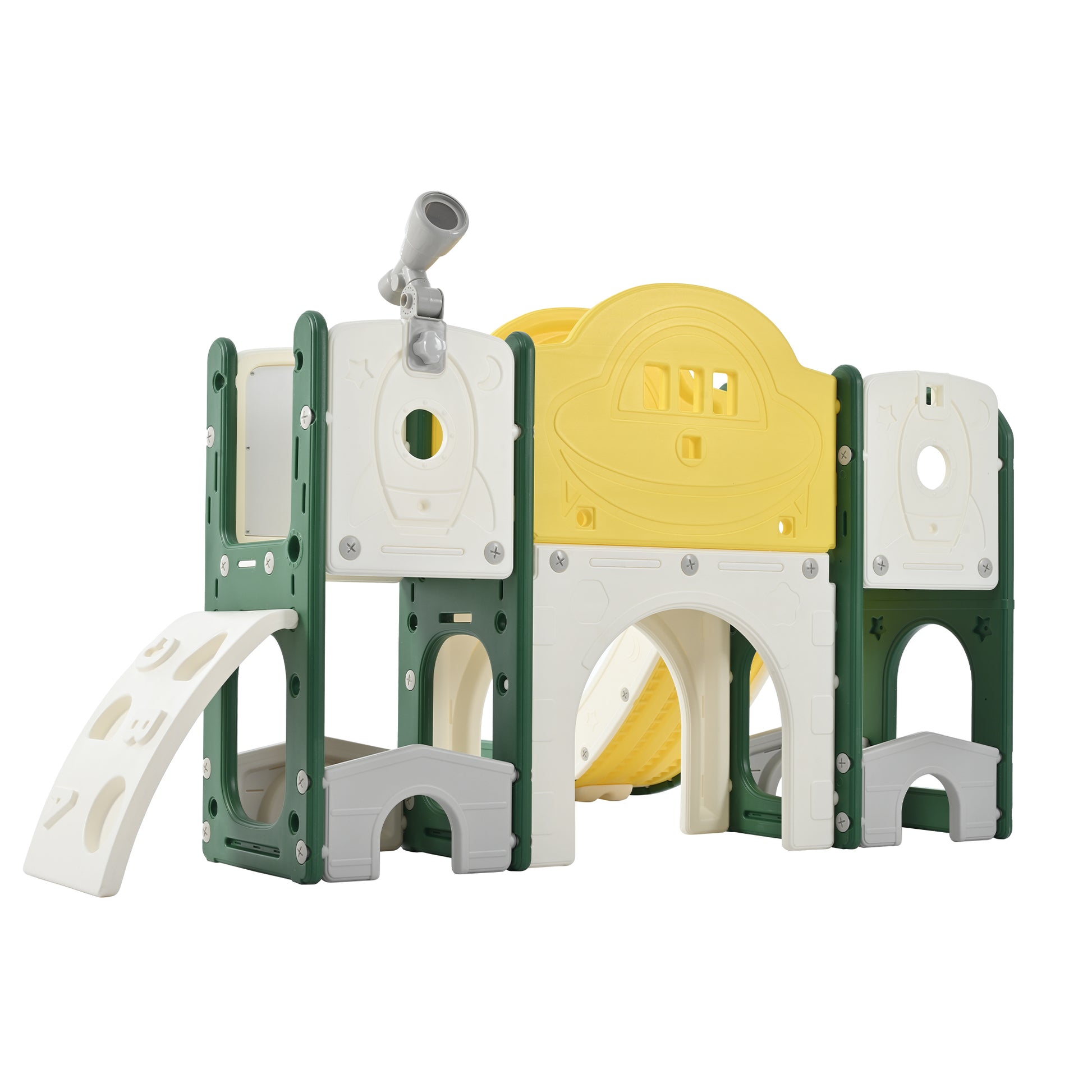 Kids Slide Playset Structure 9 In 1, Freestanding Space Set With Slide, Arch Tunnel, Ring Toss, Drawing Whiteboardl And Basketball Hoop For Toddlers, Kids Climbers Playground Yellow Hdpe Indoor & Outdoor Use