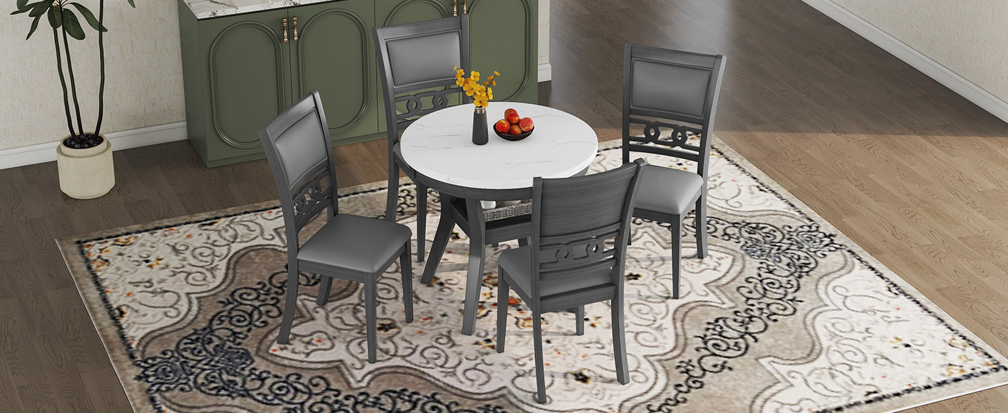 5 Piece Dining Round Table Set With One Faux Marble Top Dining Table And Four Pu Leather Chairs,Grey Grey Mdf