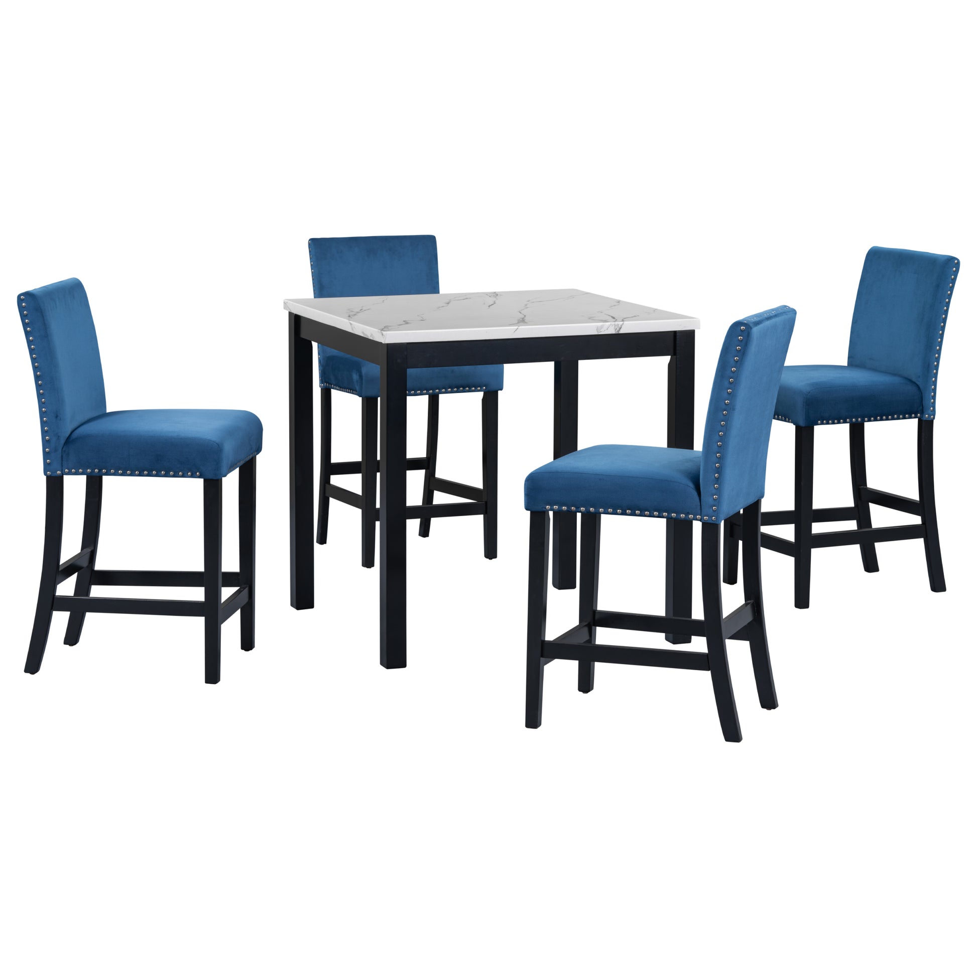 5 Piece Counter Height Dining Table Set With One Faux Marble Top Dining Table And Four Velvet Upholstered Chairs,Blue Blue Mdf