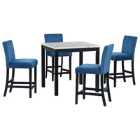 5 Piece Counter Height Dining Table Set With One Faux Marble Top Dining Table And Four Velvet Upholstered Chairs,Blue Blue Mdf