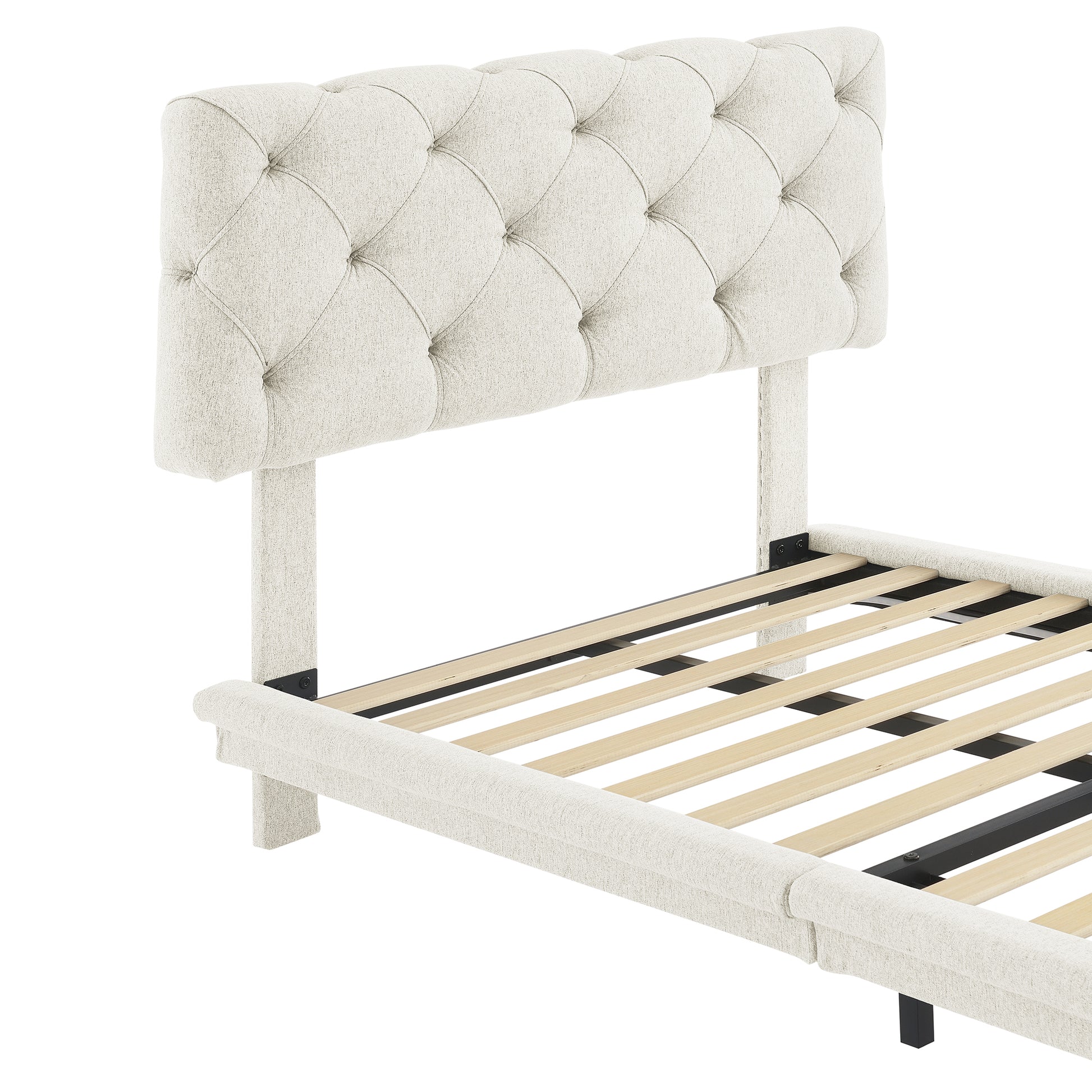 Twin Size Upholstered Bed With Light Stripe, Floating Platform Bed, Linen Fabric,Beige Beige Linen