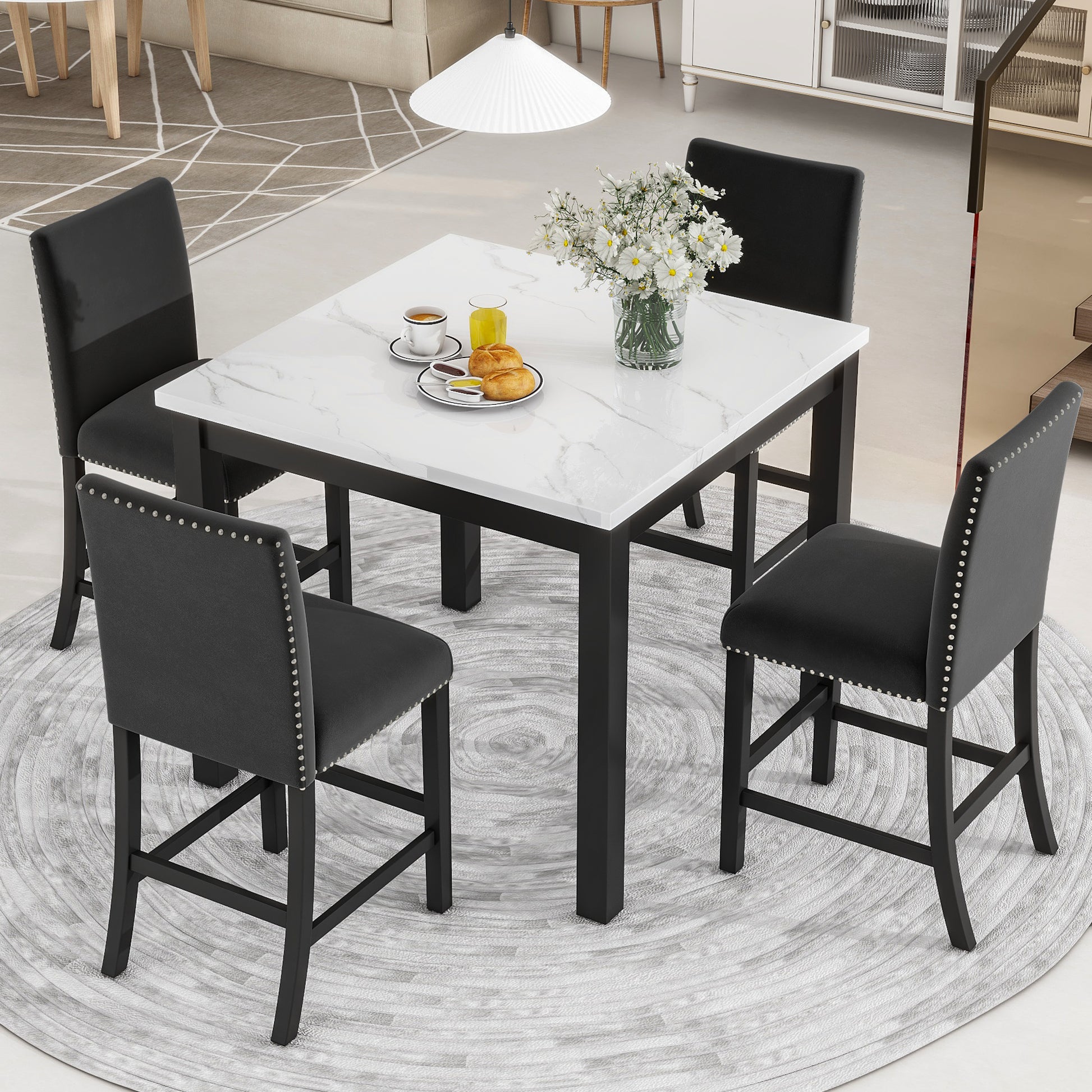 5 Piece Counter Height Dining Table Set With One Faux Marble Top Dining Table And Four Velvet Upholstered Chairs,Black Black Mdf