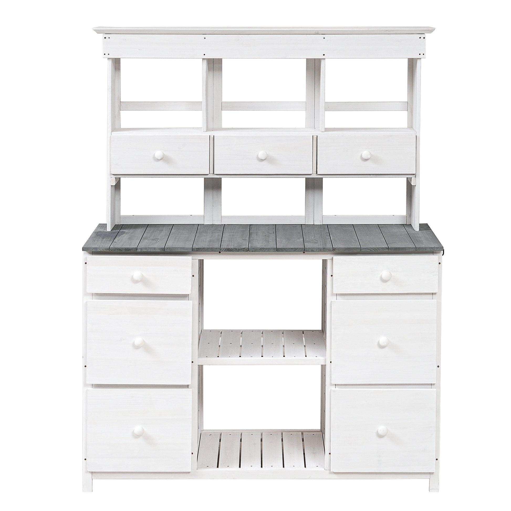 Garden Potting Bench Table, Rustic And Sleek Design With Multiple Drawers And Shelves For Storage, White And Gray White Gray Garden & Outdoor Rustic Wood