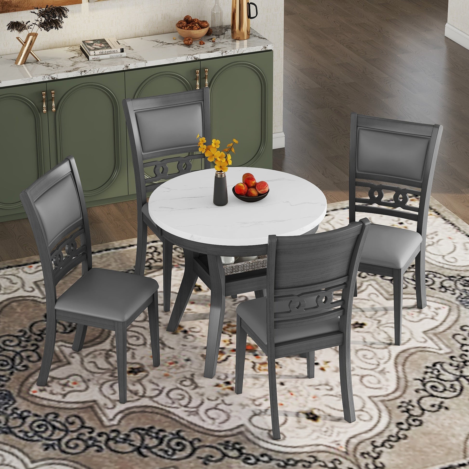 5 Piece Dining Round Table Set With One Faux Marble Top Dining Table And Four Pu Leather Chairs,Grey Grey Mdf