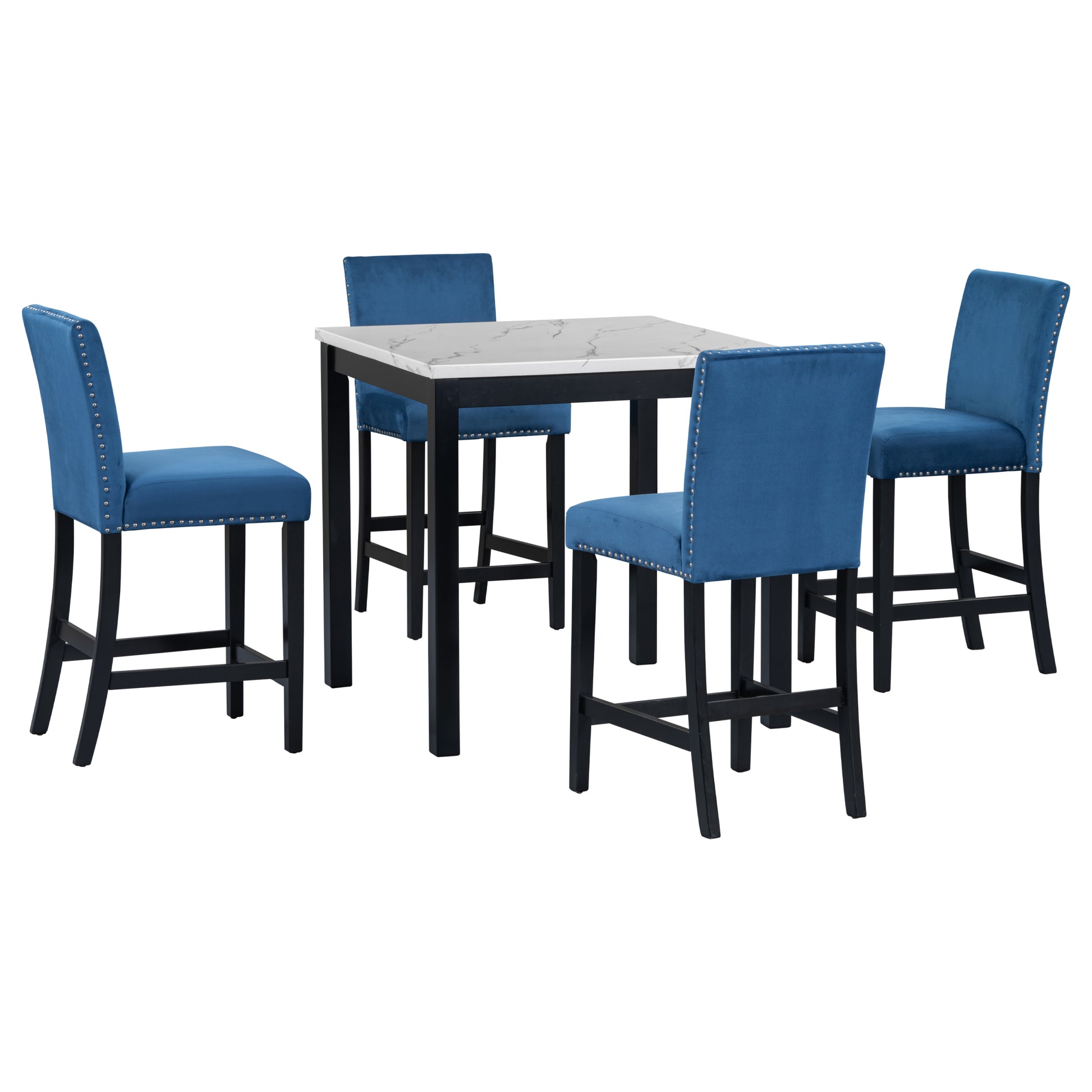 5 Piece Counter Height Dining Table Set With One Faux Marble Top Dining Table And Four Velvet Upholstered Chairs,Blue Blue Mdf