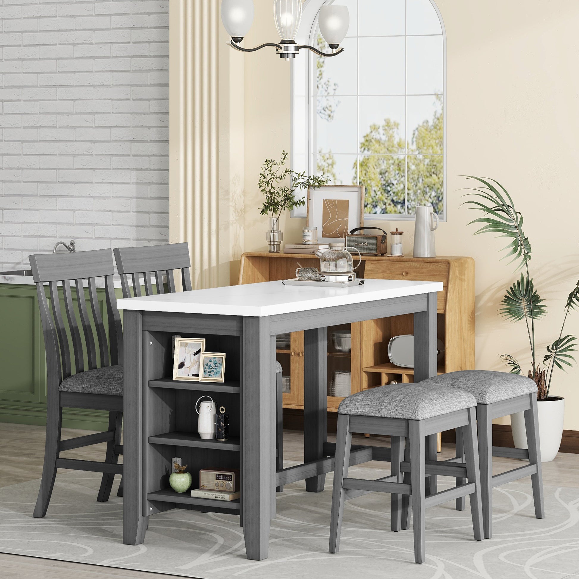 5 Piece Counter Height Dining Table Set With Built In Storage Shelves,Grey Grey Mdf