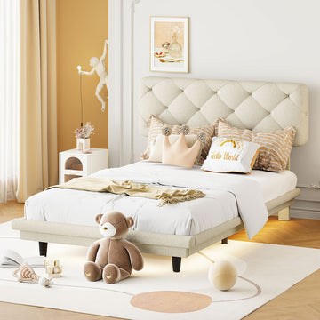 Twin Size Upholstered Bed With Light Stripe, Floating Platform Bed, Linen Fabric,Beige Beige Linen