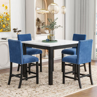 5 Piece Counter Height Dining Table Set With One Faux Marble Top Dining Table And Four Velvet Upholstered Chairs,Blue Blue Mdf