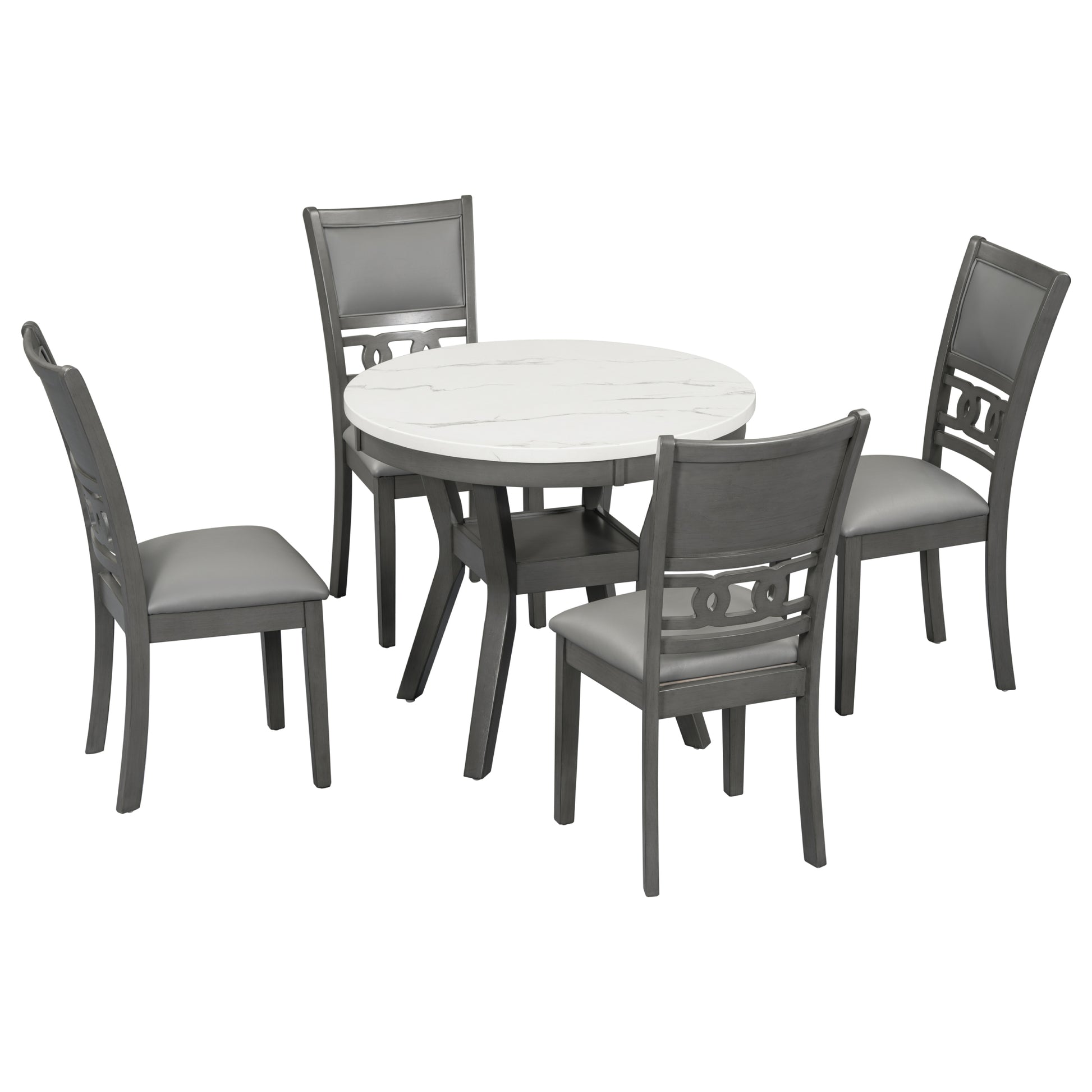 5 Piece Dining Round Table Set With One Faux Marble Top Dining Table And Four Pu Leather Chairs,Grey Grey Mdf