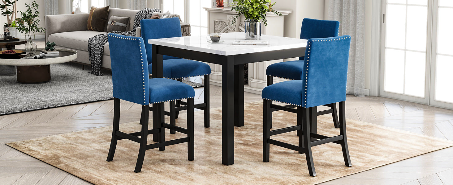 5 Piece Counter Height Dining Table Set With One Faux Marble Top Dining Table And Four Velvet Upholstered Chairs,Blue Blue Mdf