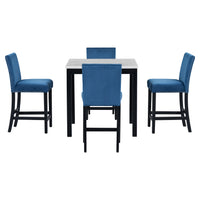 5 Piece Counter Height Dining Table Set With One Faux Marble Top Dining Table And Four Velvet Upholstered Chairs,Blue Blue Mdf