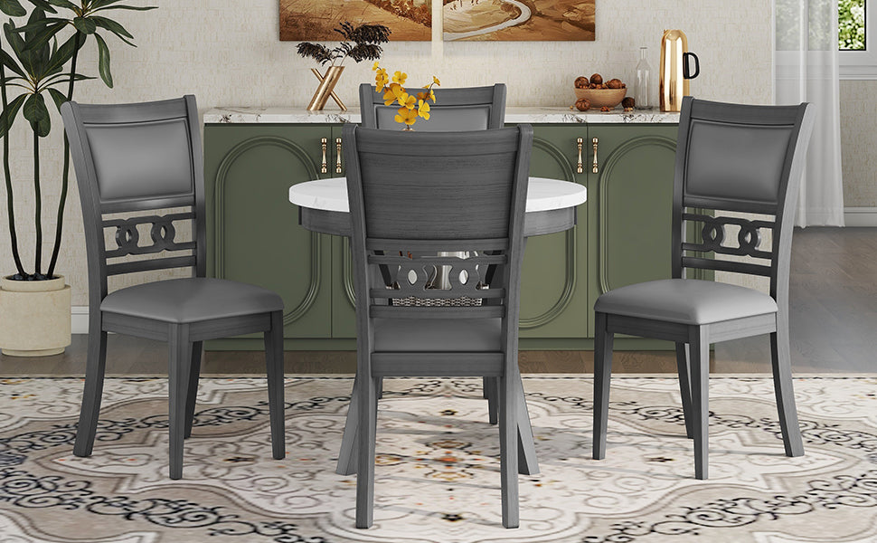 5 Piece Dining Round Table Set With One Faux Marble Top Dining Table And Four Pu Leather Chairs,Grey Grey Mdf