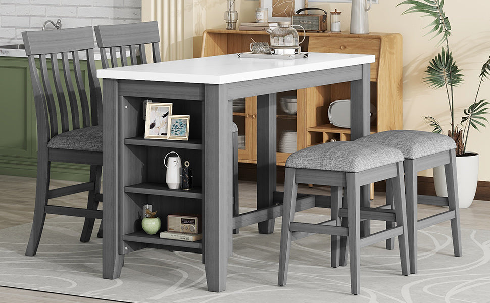 5 Piece Counter Height Dining Table Set With Built In Storage Shelves,Grey Grey Mdf