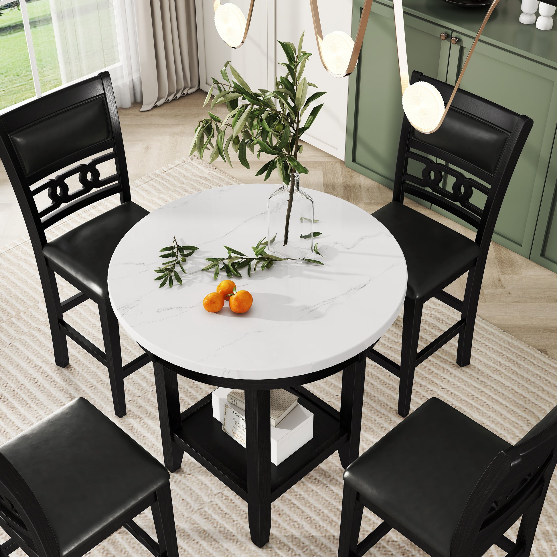 5 Piece Counter Height Dining Round Table Set With One Faux Marble Top Dining Table And Four Pu Leather Chairs,Dark Espresso Espresso Mdf