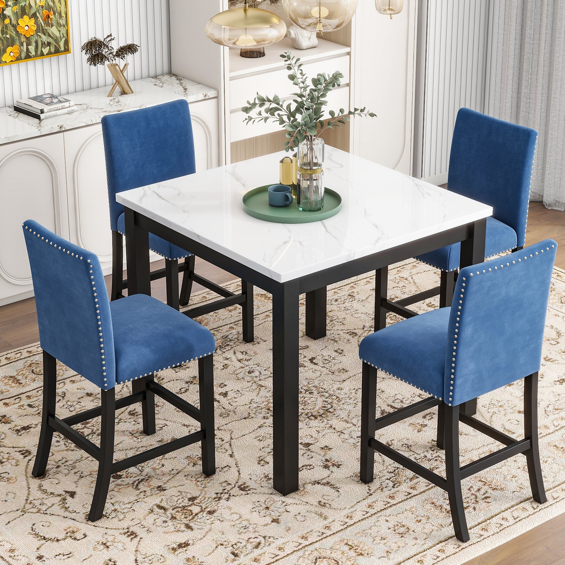 5 Piece Counter Height Dining Table Set With One Faux Marble Top Dining Table And Four Velvet Upholstered Chairs,Blue Blue Mdf