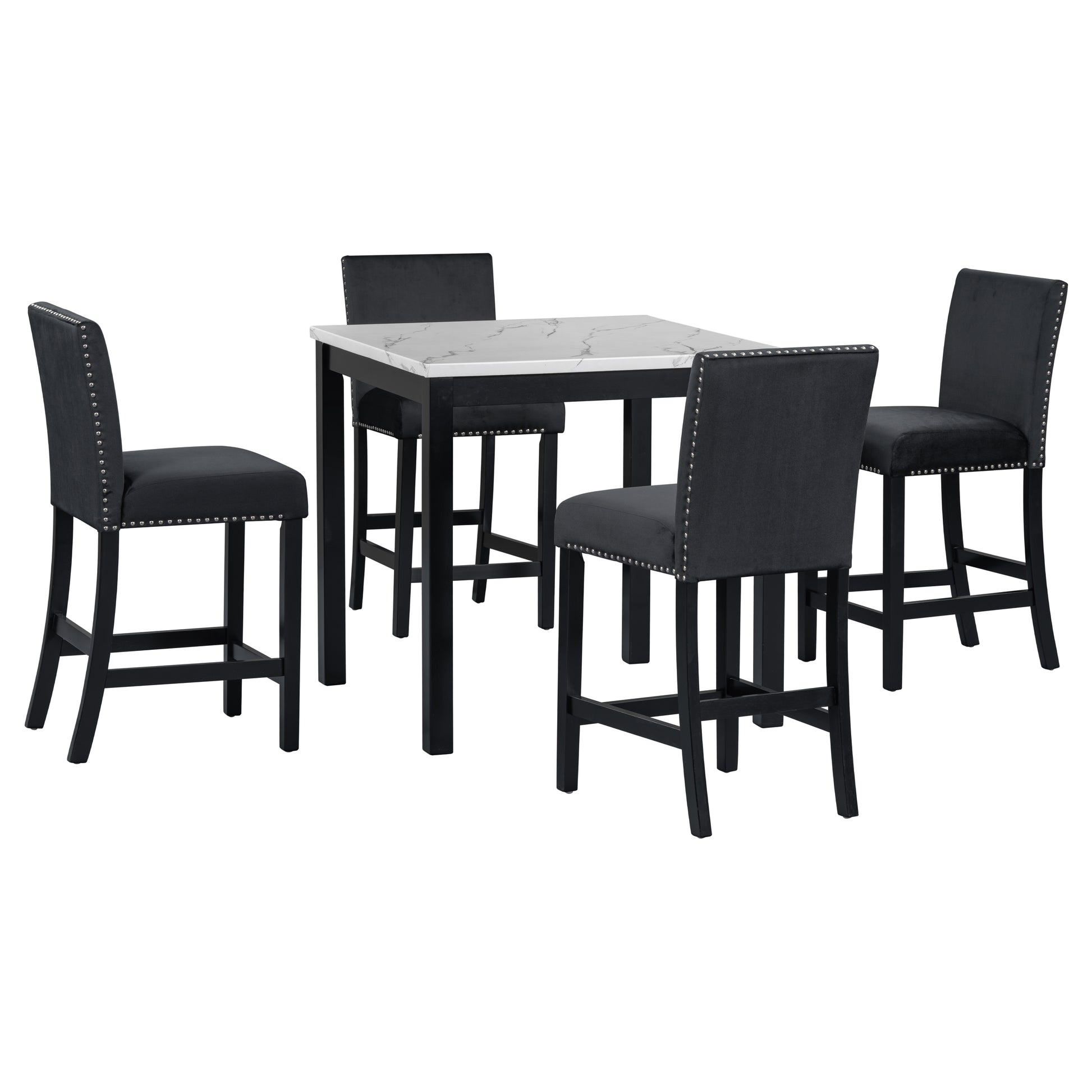 5 Piece Counter Height Dining Table Set With One Faux Marble Top Dining Table And Four Velvet Upholstered Chairs,Black Black Mdf