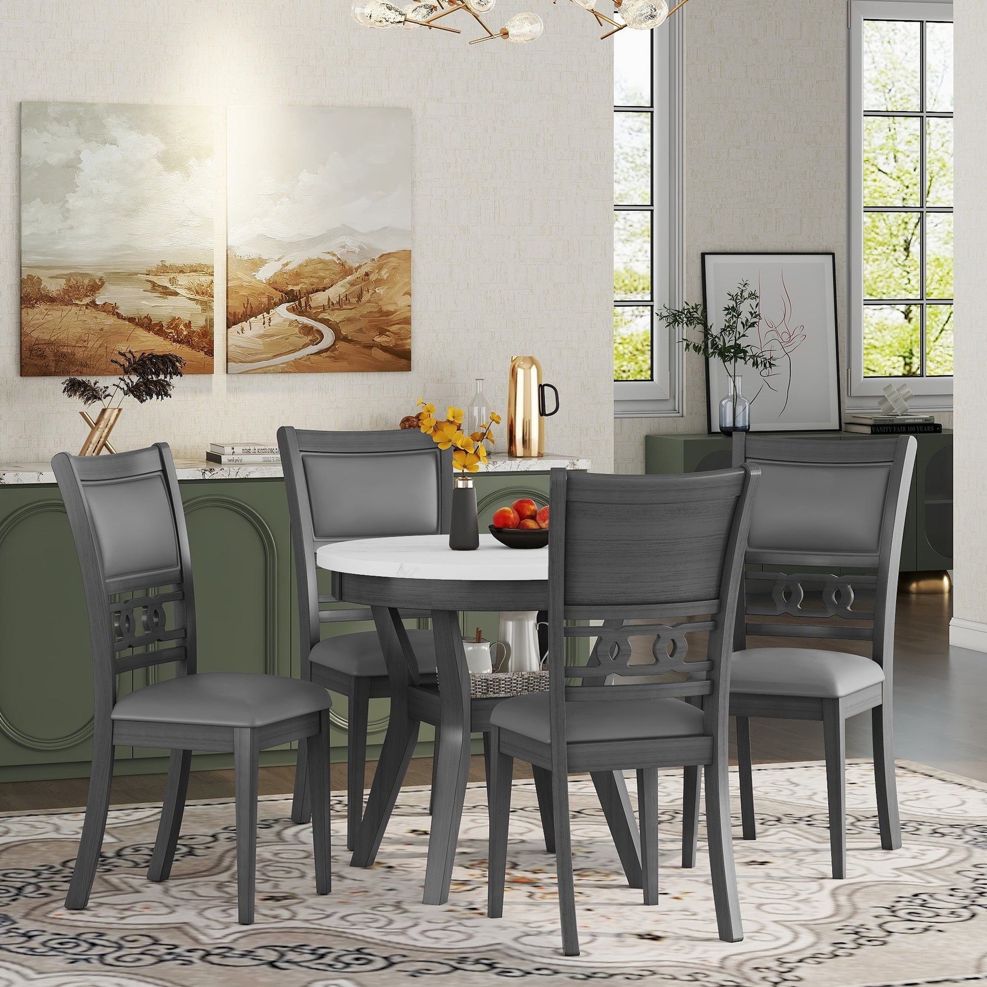 5 Piece Dining Round Table Set With One Faux Marble Top Dining Table And Four Pu Leather Chairs,Grey Grey Mdf