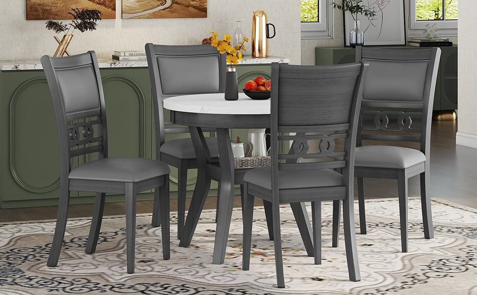 5 Piece Dining Round Table Set With One Faux Marble Top Dining Table And Four Pu Leather Chairs,Grey Grey Mdf