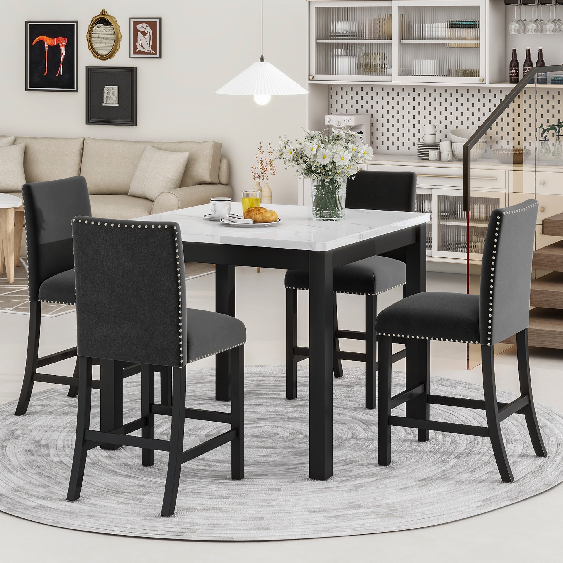 5 Piece Counter Height Dining Table Set With One Faux Marble Top Dining Table And Four Velvet Upholstered Chairs,Black Black Mdf