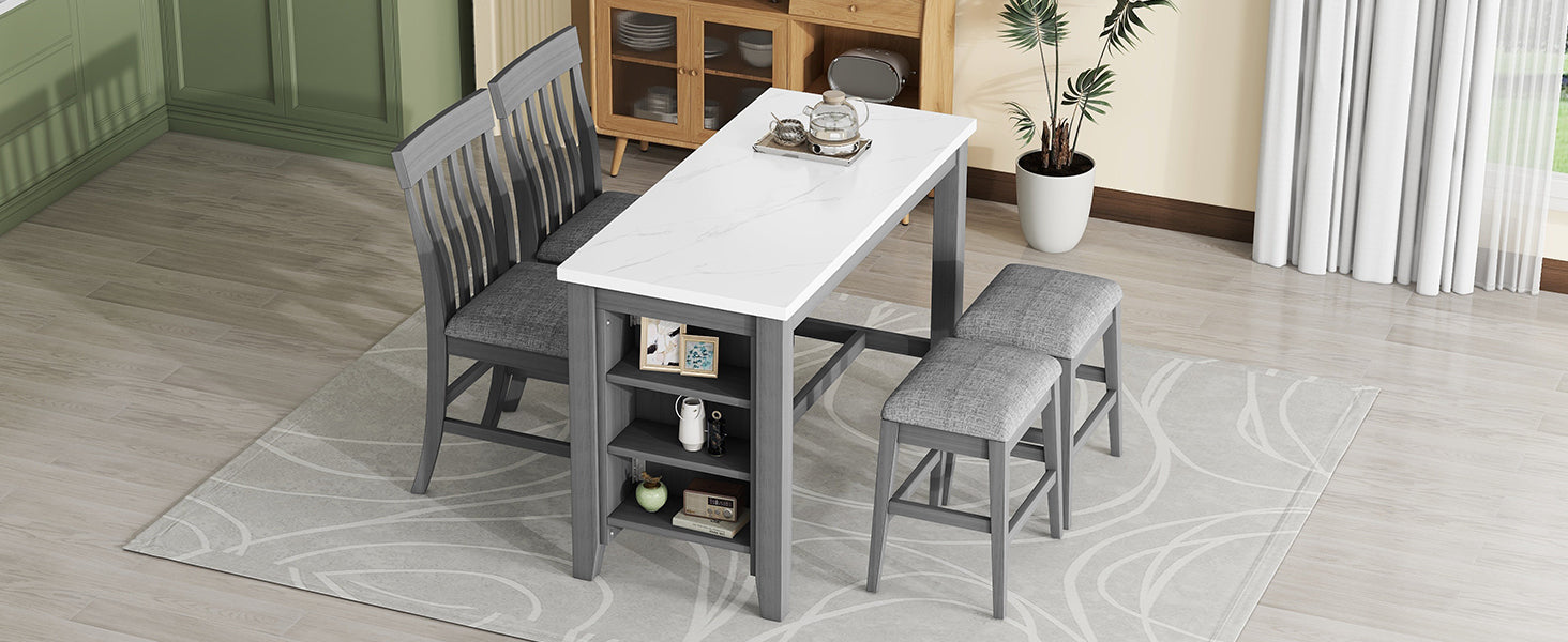 5 Piece Counter Height Dining Table Set With Built In Storage Shelves,Grey Grey Mdf