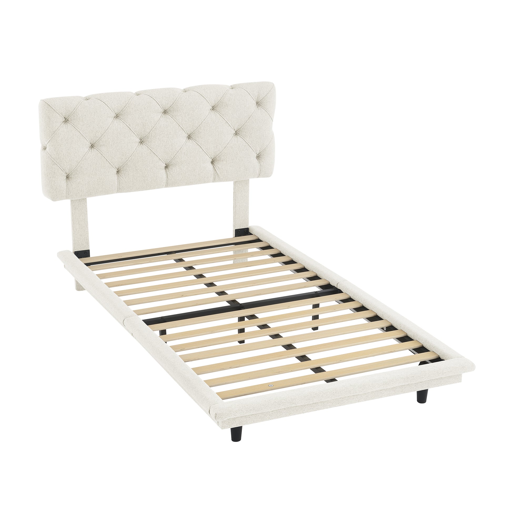 Twin Size Upholstered Bed With Light Stripe, Floating Platform Bed, Linen Fabric,Beige Beige Linen