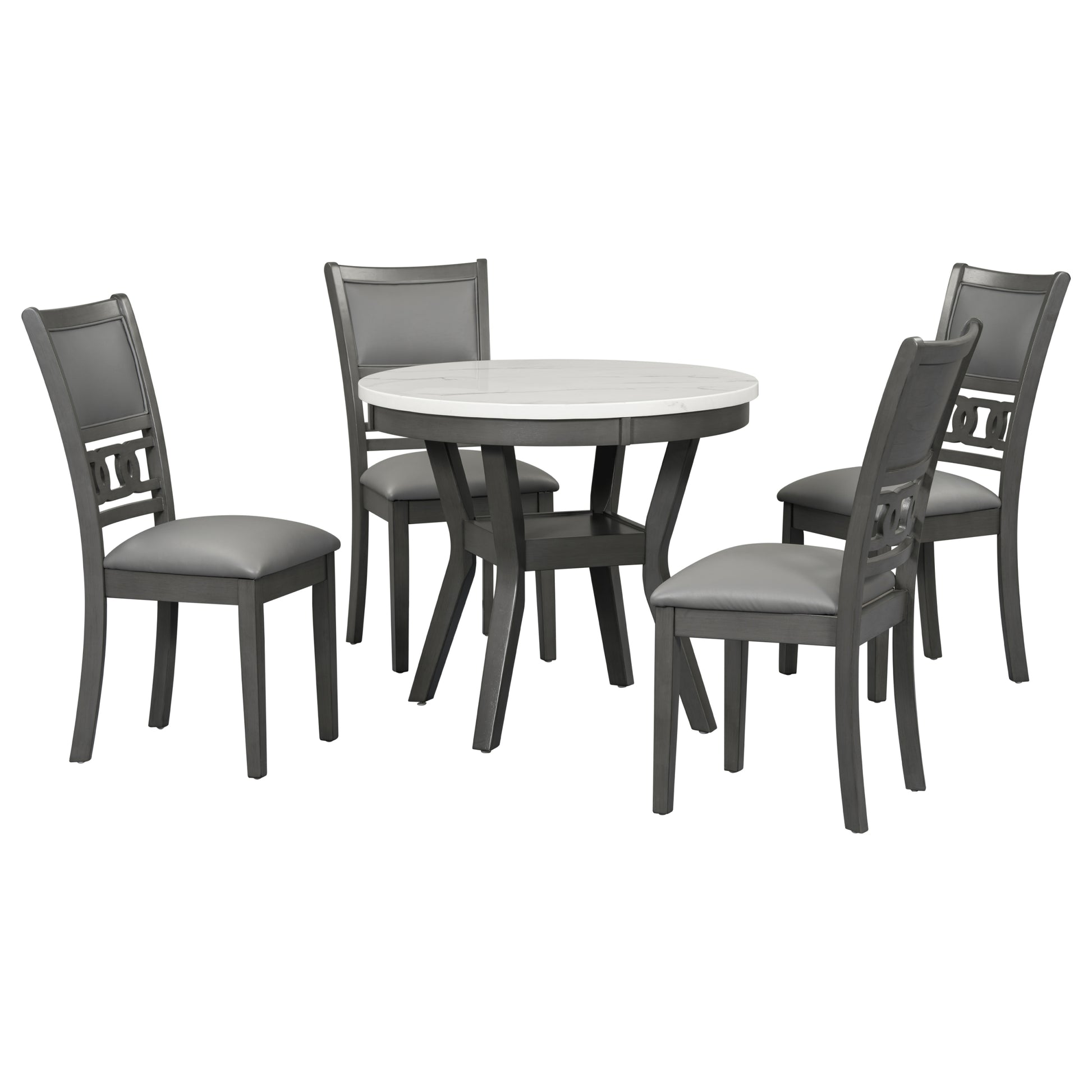 5 Piece Dining Round Table Set With One Faux Marble Top Dining Table And Four Pu Leather Chairs,Grey Grey Mdf