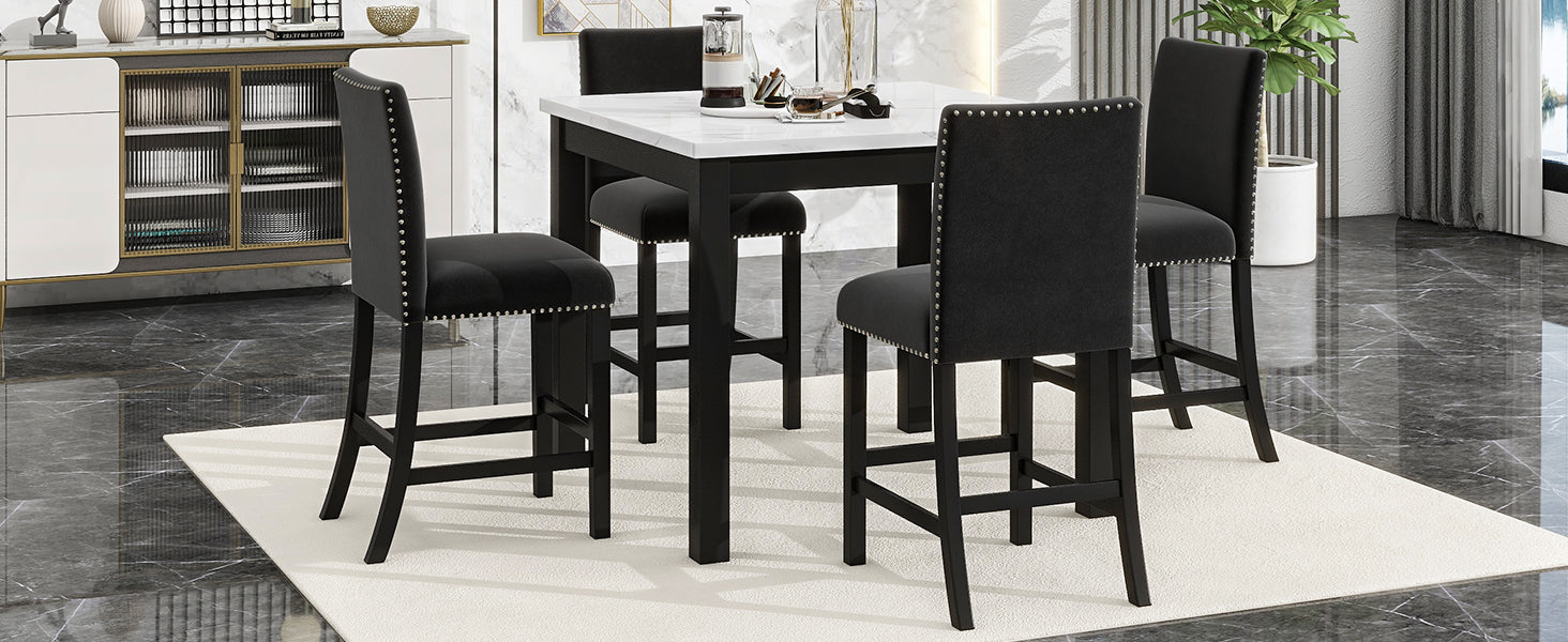 5 Piece Counter Height Dining Table Set With One Faux Marble Top Dining Table And Four Velvet Upholstered Chairs,Black Black Mdf