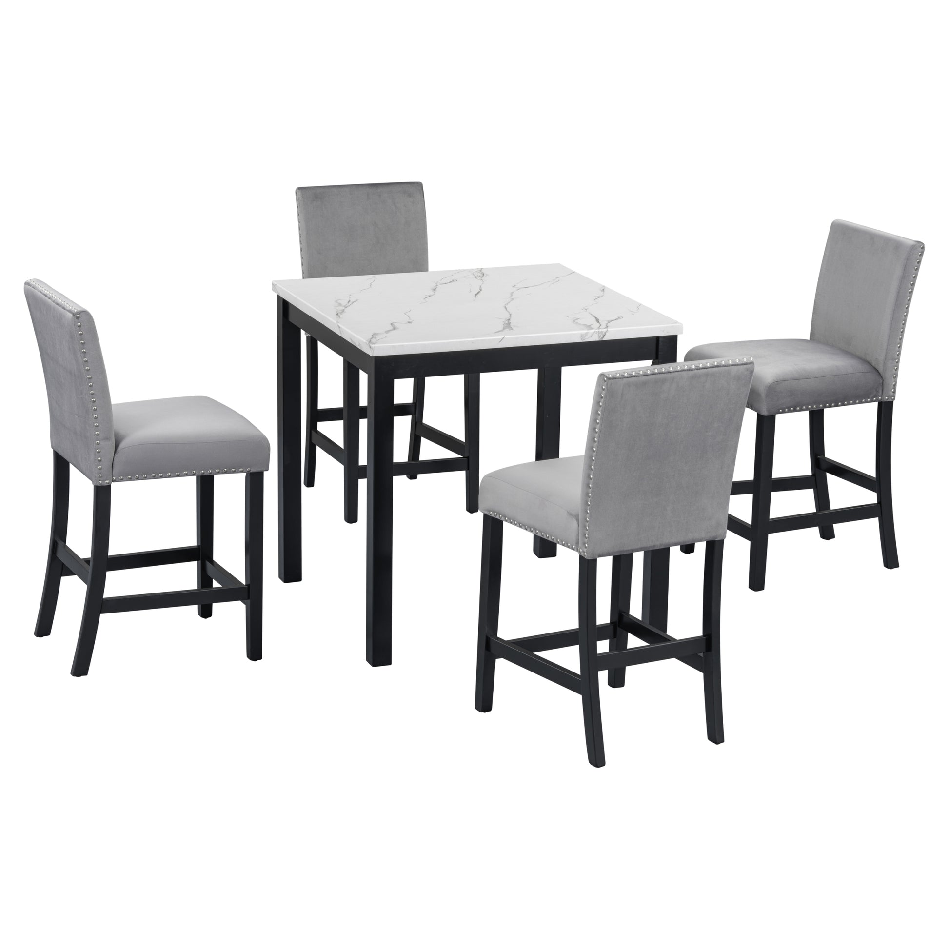 5 Piece Counter Height Dining Table Set With One Faux Marble Top Dining Table And Four Velvet Upholstered Chairs,Grey Grey Mdf